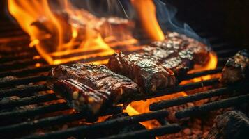 grilled meat on fire natural heat barbecue coal close up photo