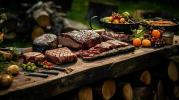 grilled meat on firewood table perfect summer lunch photo