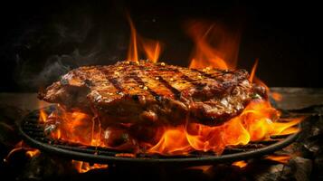 grilled meat on metal plate glowing flame photo