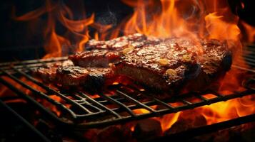 grilled meat on metal plate glowing flame photo