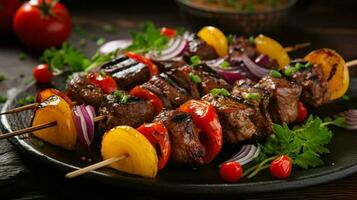 grilled meat skewers with fresh vegetables and spices photo