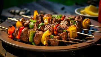 grilled meat skewers on a plate perfect summer appetizer photo