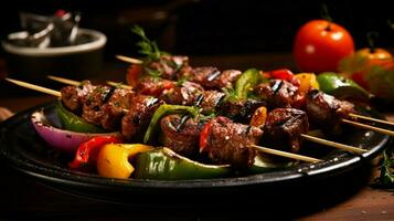 grilled meat skewers with fresh vegetables and spices photo