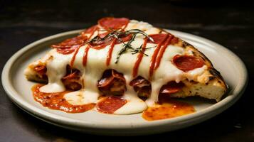 grilled pizza slice with melted mozzarella and salami photo