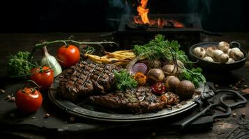 grilled meats and veggies on rustic crockery photo