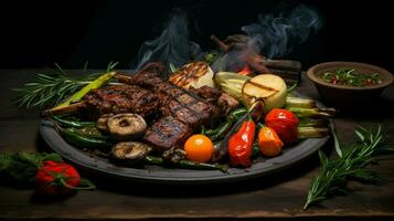 A la parrilla carnes y verduras en rústico vajilla foto