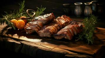 grilled pork on rustic wooden table modern kitchen photo