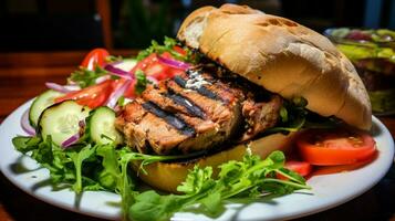 grilled pork sandwich on homemade bun with fresh salad photo