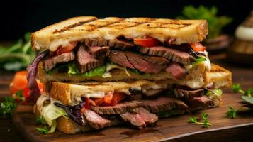 grilled sandwich with beef pork and vegetable photo