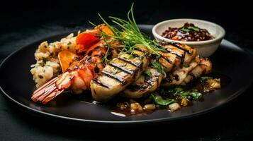 grilled seafood and pork on a plate with savory sauce photo