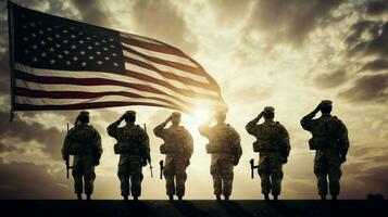 group of army men saluting american flag photo