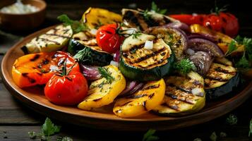 grilled vegetables on wooden table a healthy and colorful photo