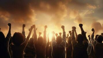 group of people cheering arms raised in joy photo