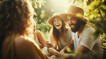 group of smiling friends enjoying summer outdoors photo