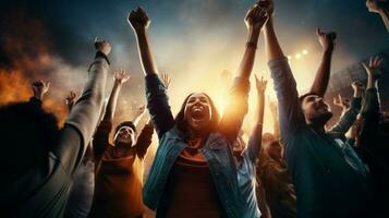 group of people cheering arms raised in joy photo