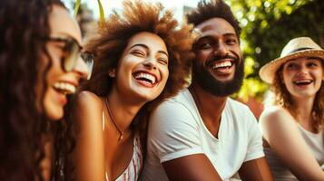 group of smiling friends enjoying summer outdoors photo