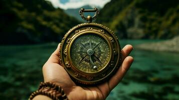 guided by antique compass exploring new territories photo