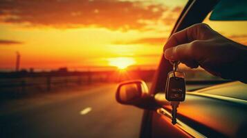 hand holding key driving car into sunset photo