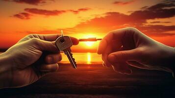 hand holding key driving car into sunset photo