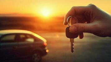 hand holding key driving car into sunset photo