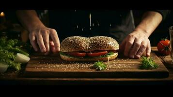 hand prepares homemade burger on rustic wooden table photo