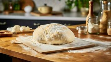 handmade bread dough kneaded on wooden cutting board photo