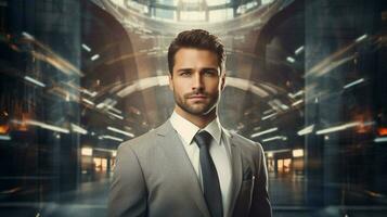 handsome businessman standing in futuristic cityscape photo