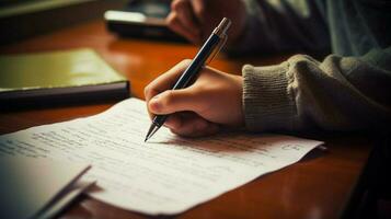 escritura notas en papel un estudiante estudios para exámenes foto