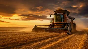 harvesting wheat in rural meadow at sunset photo