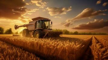 harvesting wheat in rural meadow at sunset photo