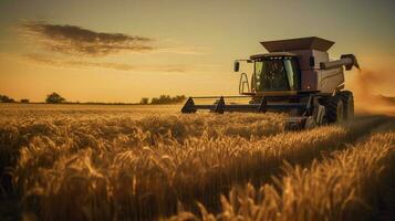 harvesting wheat in rural meadow at sunset photo