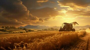 harvesting wheat in rural meadow at sunset photo