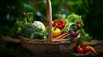 sano y vegetariano comida en Paja cesta foto