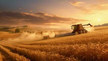 harvesting wheat in rural meadow at sunset photo