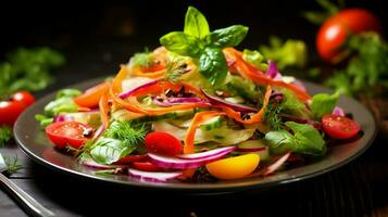 sano comiendo Fresco vegetal ensalada un gastrónomo vegetariano foto