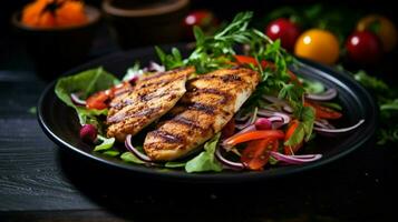 healthy eating grilled chicken fillet with fresh vegetable photo