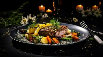 healthy gourmet meal with fresh meat and vegetables photo