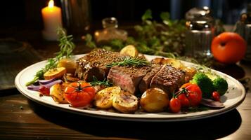 sano gastrónomo comida con Fresco carne y vegetales foto