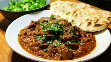 healthy homemade meal beef curry with naan photo
