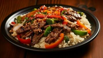 healthy meal with beef rice and vegetables photo