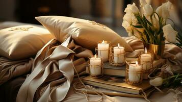 candles and flowers on the bed photo