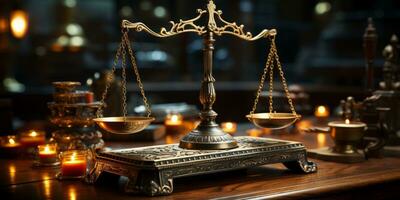 law scales on wooden table background photo