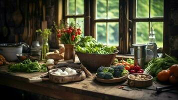 healthy meal preparation in rustic domestic kitchen photo