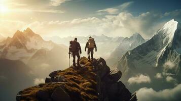 healthy men hiking mountain peak for adventure photo