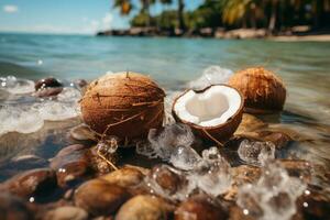 Beach background with coconuts and palm tree leaf photo