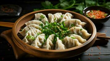 healthy vegetarian dumplings steamed in a rustic wooden photo