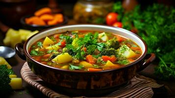 healthy vegetable soup cooked with fresh meat photo