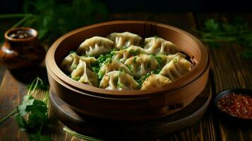 healthy vegetarian dumplings steamed in a rustic wooden photo