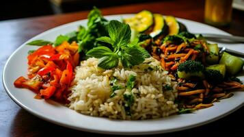 healthy vegetarian lunch plate with rice and vegetables photo