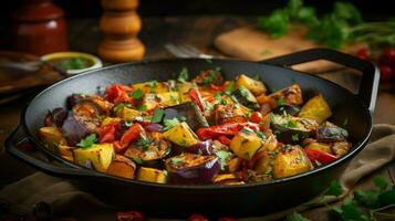 healthy vegetarian meal cooked in cast iron frying pan photo